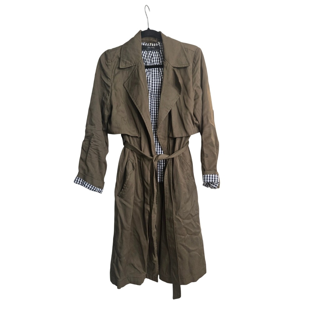 Zara Basic Womens Olive Green Trench Coat Gingham Lining‎ Belted Size M 3046/034